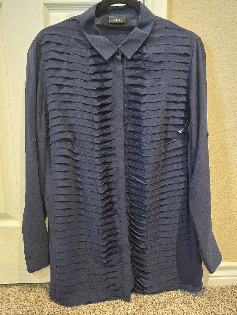 Akris Women's Long Sleeve Mulberry Silk Navy Blouse Size 14